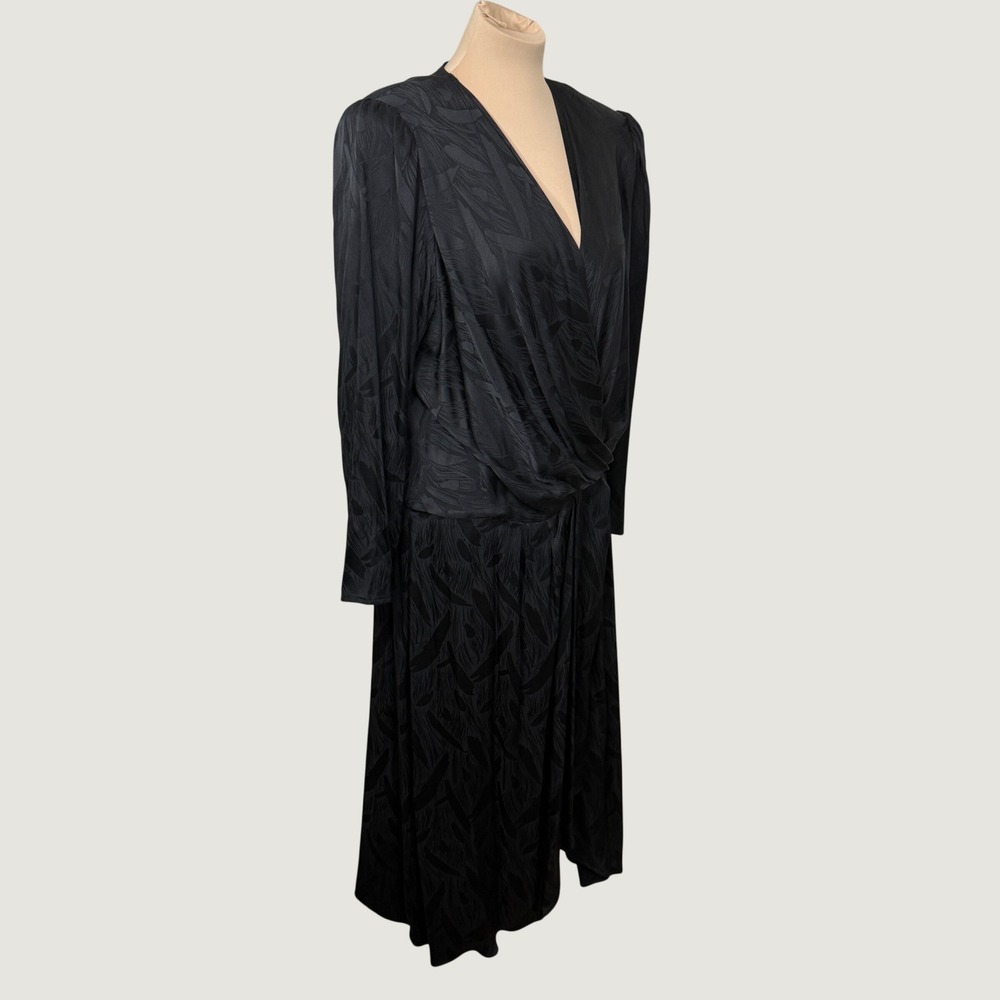 Deadstock Vtg Lauren Alexandra 100% Silk Wrap Dress Black Leaf Golden Girls 20
